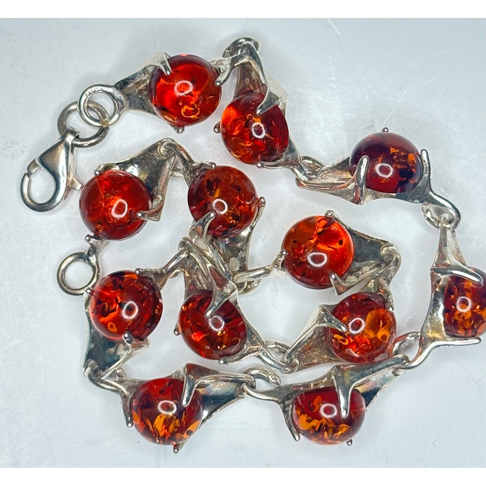 Vintage 925 Sterling Silver Cognac Amber Link Bracelet 7.5 Inch Lobster Clasp
